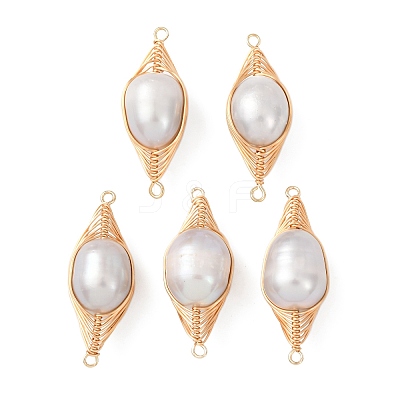 Copper Herringbone Wire-Wrapped Natural Pearl Round Links Connector Charms KK-Z152-02G-02-1