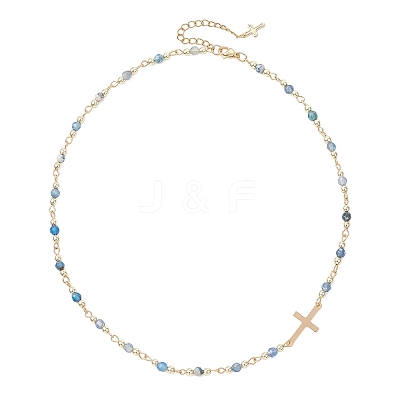 Faceted Dyed Natural Agate Round Beads & 304 Stainless Steel Tiny Cross Handmade Link Chain Necklaces NJEW-JN05842-01-1
