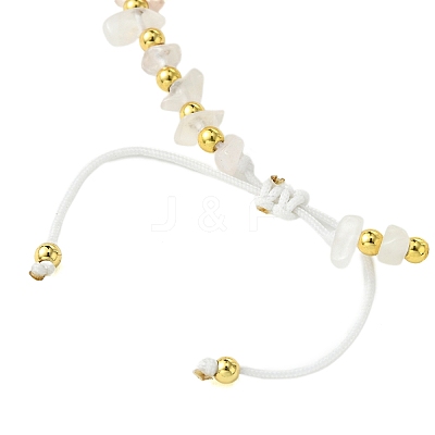 Natural Rose Quartz Chip & Heart Brass Braided Bead Bracelets BJEW-JB10592-1
