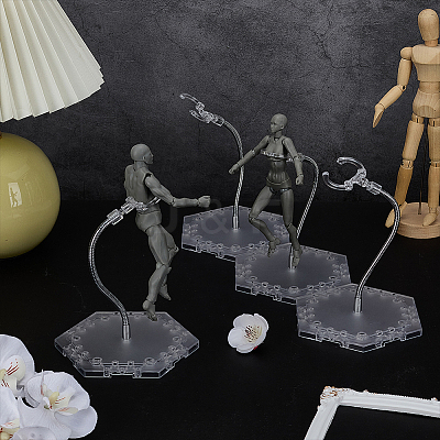 Assembled Hexagon Plastic Action Figure Display Stands with Adjustable Alloy Support Arm ODIS-WH0080-11B-1