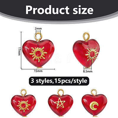 45Pcs 3 Styles Brass Glass Heart Pendants PALLOY-DC00038-1