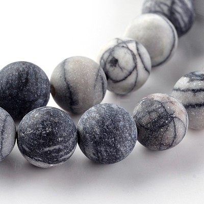 Frosted Natural Black Silk Stone/Netstone Round Beads Strands G-E330-8mm-04-1