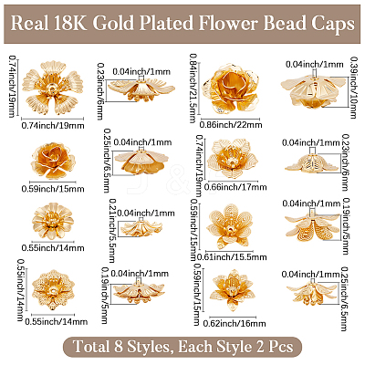 16Pcs 8 Styles Brass Bead Caps KK-BBC0023-52-1