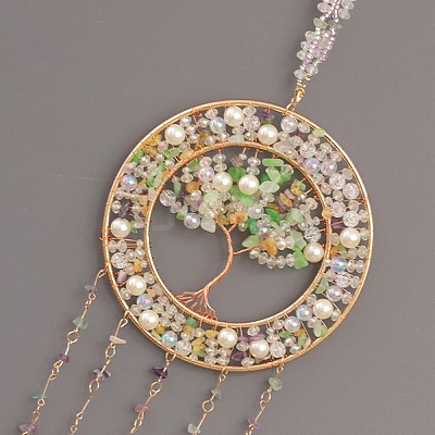 Copper Wire Wrapped Tree of Life Glass & Natural Green Aventurine Suncatchers HJEW-F027-14-1