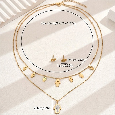 Elegant Vintage Stainless Steel Rhinestone Hamsa Hand Stud Earrings & Double-layer Necklace Sets for Women QF7163-1