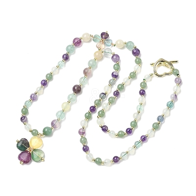 Saint Patrick's Day Natural Fluorite Clover Pendant Round Beaded Necklaces with Brall Heart OT Clasps NJEW-G202-02G-02-1