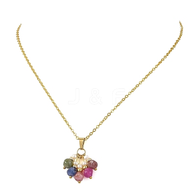 Natural Multicolor Tourmaline Dice Tassel Pendant Brass Cable Chain Necklaces with Natural Pearl for Women NJEW-JN06472-1