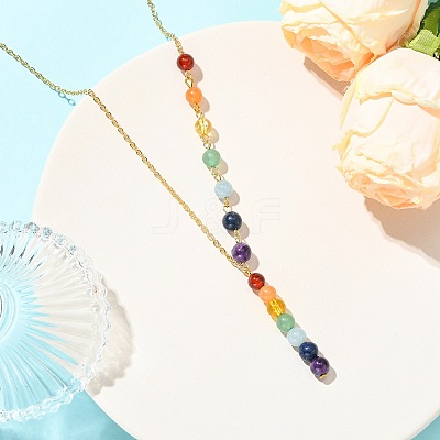 Chakra Round Natural Gemstone Beaded Pendant Brass Cable Chain Necklaces for Women NJEW-JN06266-1