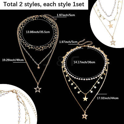2Pcs 2 Styles Star Alloy Pendant 3 Layered Necklaces for Women NJEW-SC0001-55-1