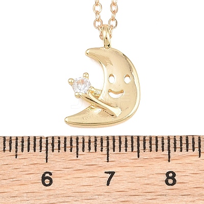 Brass Pave Clear Cubic Zirconia Smiling Face Moon Pendant Necklaces KK-CBA6599-04B-G-1