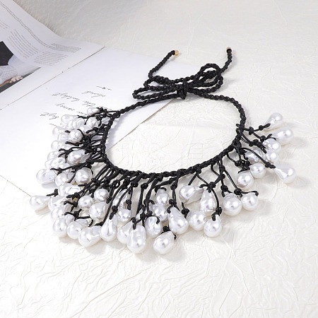 Plastic Baroque Pearl Nuggets Beads Tassel Woven Black Waxed Cord Bib Necklaces for Women FS-WG578A2-01-1