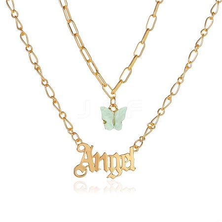 Acrylic Butterfly with Alloy Word Angel Pendant Double Layer Necklaces for Women WG9E726-02-1