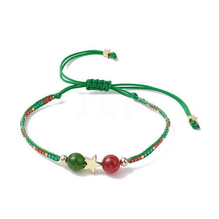 Christmas 8mm Round Dyed Natural Malaysia Jade & Natural Carnelian & Glass Seed Beads Braided Bead Bracelets BJEW-MZ00070-01-1