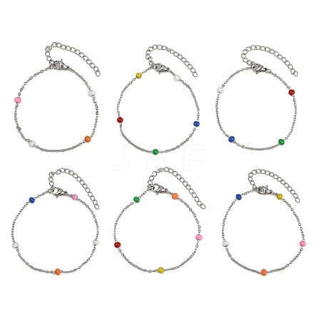 304 Stainless Steel Cable Chain Bracelet with Enamel Rondelle Beaded BJEW-G683-02P-01-1
