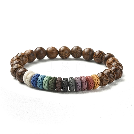 Dyed Natural Lava Rock Rondelle & Wooden Round Beaded Stretch Bracelet BJEW-JB09679-1