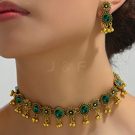 Flat Round & Flower Alloy Rhinestone Pendant Necklace & Stud Dangle Earring Sets FS-WG9BC55-04-1