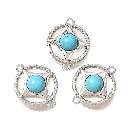 Synthetic Turquoise & Natural Shell Brass Flat Round Links Connector Charms KK-N289-16P-02-1