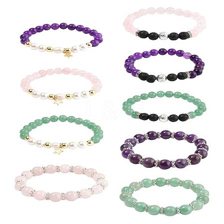 9Pcs 3 Colors Round Natural Gemstone Beads Stretch Bracelets BJEW-FS00017-1