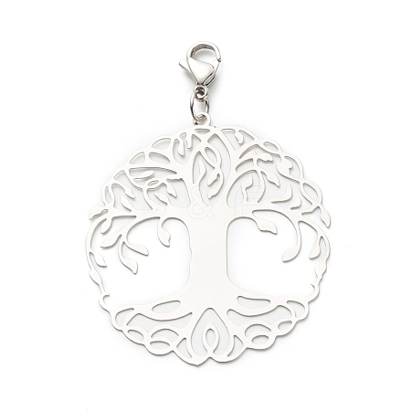 Tarnish Resistant Flat Round with Tree of Life 201 Stainless Steel Filigree Pendant Decorations HJEW-JM00573-03-1