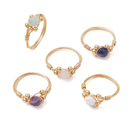 Star Cut Round Natural Rose Quartz & Amethyst & Sodalite & Howlite & Flower Amazonite Finger Ring RJEW-JR00753-1