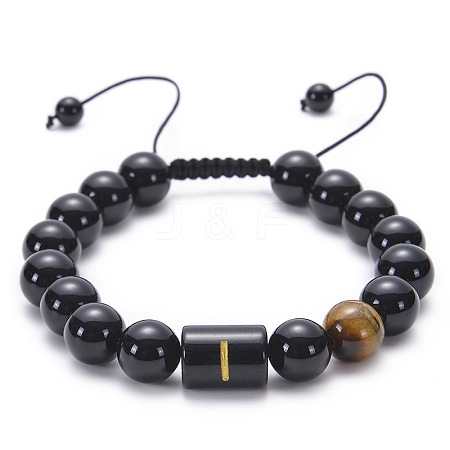 10MM Natural Black Onyx(Dyed & Heated) and Tiger Eye Alphabet Round Braided Bead Adjustable Bracelets for Women DM6424-9-1