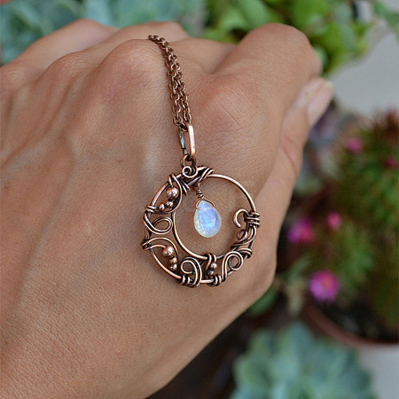 Copper Wire Wrapped Moon with Synthetic Moonstone Drop  Pendant Necklaces FS-WG5A52F-01-1