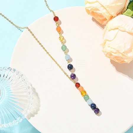 Chakra Round Natural Gemstone Beaded Pendant Brass Cable Chain Necklaces for Women NJEW-JN06266-1