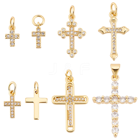 AHADERMAKER 16Pcs 8 Styles Brass Micro Pave Cubic Zirconia Cross Charms ZIRC-GA0001-12-1