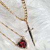 2Pcs Sword & Heart Zinc Alloy Light Siam Rhinestone Pendant Double Layer Necklaces for Women FS-WG484C5-01-3