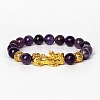 Golden Plated Alloy Pi Xiu 8MM Natural Amethyst Round Beaded Stretch Bracelet for Men QJ0349-6-1