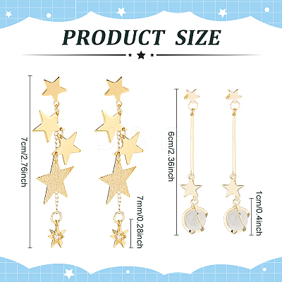 2 Pairs 2 Style Cat Eye Planet & Brass Star Asymmetrical Earrings EJEW-AN0002-20-1