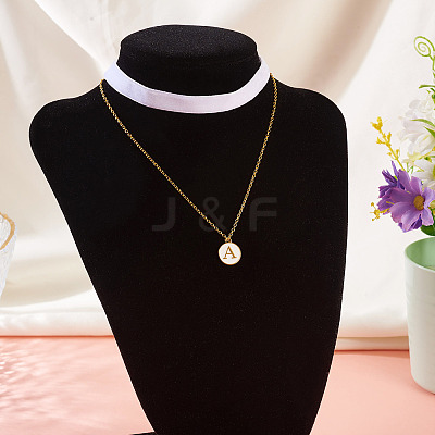 Alloy White Enamel Flat Round with Letter A Pendant Single Face Velvet Ribbon & 304 Stainless Steel Chain Double Layered Necklaces for Women NJEW-TAC0040-1