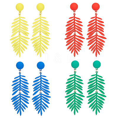 4 Pairs 4 Colors Alloy Leaf Dangle Stud Earrings with 925 Sterling Silver Pins EJEW-AN0002-61-1