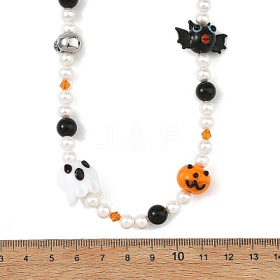 Halloween Handmade Lampwork Bat Ghost Pumpkin and Round Shell Pearl Beaded Necklaces for Women NJEW-TA00277-1