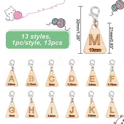 13Pcs 13 Style Triangle with Letter L~M Wood Pendant Locking Stitch Markers HJEW-AB00640-1