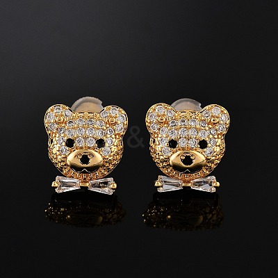 Bear Brass Micro Pave Clear Cubic Zirconia Stud Earrings EJEW-B131-05G-1