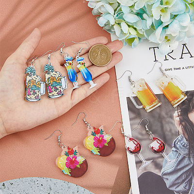 5 Pairs 5 Styles Acrylic Wine Glass Dangle Earrings with 304 Stainless Steel Pins EJEW-FI0001-68-1
