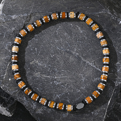 Natural Picture Jasper & Synthetic Non-magnetic Hematite Beads Stretch Bracelets for Men LS-NY6374-1