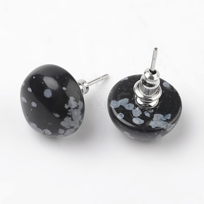 Half Round Dome Natural Snowflake Obsidian Stud Earrings EJEW-L171-03-1