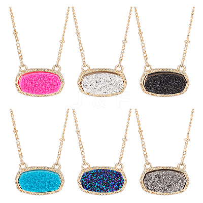6Pcs 6 Colors Simulated Druzy Resin Oval Pendant Necklaces Set with Alloy Satellite Chains NJEW-AN0001-59-1