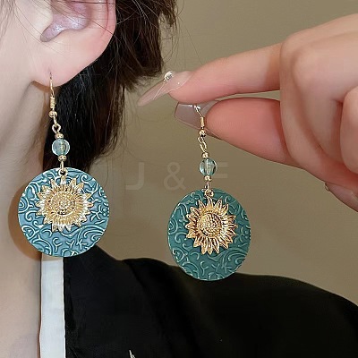 Flat Round with Sunflower Alloy Glass Dangle Earrings FS-WG8AC10-01-1