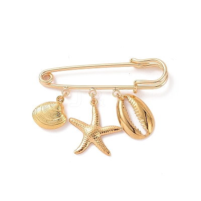 304 Stainless Steel Shell & Starfish Charms Safety Pin Brooch JEWB-BR00083-1