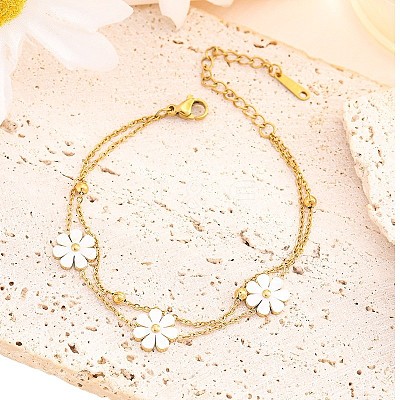 304 Stainless Steel with Acrylic Flower Charm Anklets AJEW-Z044-01G-1