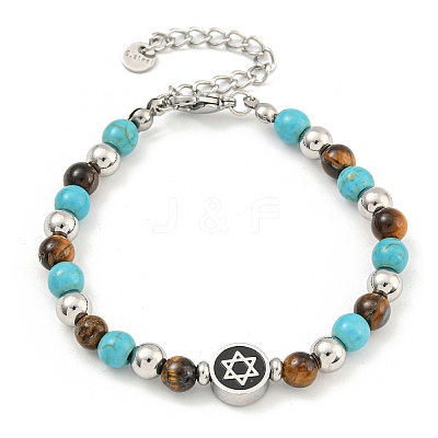 Star of David  304 Stainless Steel & Synthetic Turquoise & Natural Tiger Eye Round Beaded Bracelets for Women BJEW-G717-07P-1