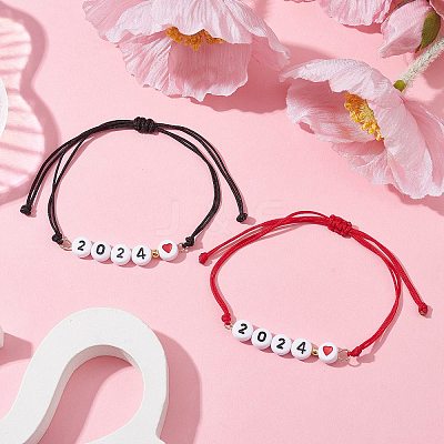 2Pcs 2 Color Heart with Word 2024 Acrylic Braided Bead Bracelets Set BJEW-JB09780-1