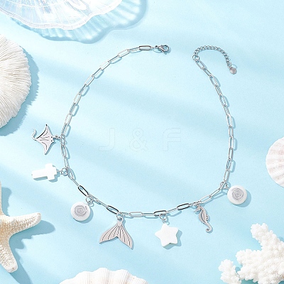 3Pcs 3 Styles Alloy Fish Tail Octopus & Natural White Shell Pendant Brass Paperclip Chain Necklaces for Women NJEW-JN05406-1
