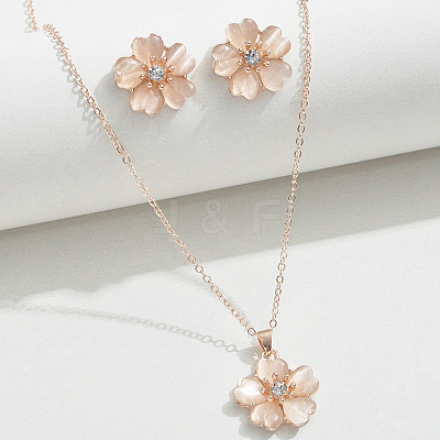 Flower Alloy Cat Eye Pendant Necklaces & Stud Earrings Sets FS-WG11189-01-1