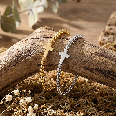 2Pcs Brass & 304 Stainless Steel Beads Stretch Bracelets Set EI7625-2-1