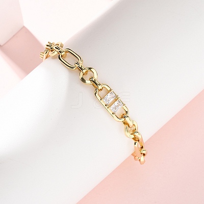 Ring & Paperclip Brass Micro Pave Cubic Zirconia Link Chain Bracelets for Women BJEW-D458-05G-02-1
