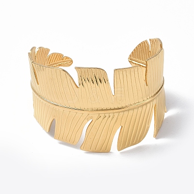 Ion Plating(IP) 304 Stainless Steel Feather Open Cuff Bangle for Women BJEW-F442-01G-1